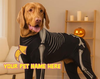 Gepersonaliseerde skelethondkostuum - aangepaste Halloween-huisdieroutfit met naam - Griezelige skeletkleding voor honden - comfortabel en rekbaar