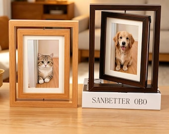 Personalized Double Sided Rotating Wood Picture Frame, 7 Inch Pet Memorial Photo Frame, Custom Dog Cat Keepsake, Handmade Tabletop Gift
