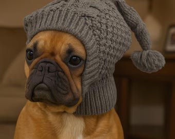 Può includere: Un bulldog francese marrone con un cappello di lana grigio con un pompon. Il cane ha una macchia bianca sul petto e un'espressione leggermente triste. Il cappello copre la testa e le orecchie del cane, creando un aspetto accogliente.