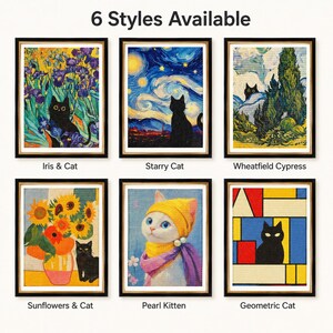 May include: Six framed art prints featuring cats in various artistic styles. The prints include a black cat in a field of irises, a cat silhouetted against a starry night, and a cat in a wheatfield. Other prints show a cat with sunflowers, a kitten, and a geometric cat.
