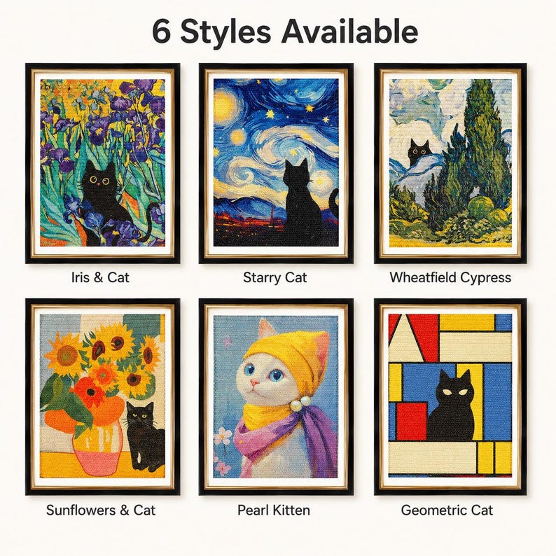 May include: Six framed art prints featuring cats in various artistic styles. The prints include a black cat in a field of irises, a cat silhouetted against a starry night, and a cat in a wheatfield. Other prints show a cat with sunflowers, a kitten, and a geometric cat.