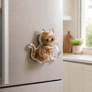 May include: A clear, cat-shaped refrigerator magnet holding a small glass vase with reeds. The cat is filled with brown material and has black eyes and a smiling mouth. The magnet is attached to a stainless steel refrigerator.