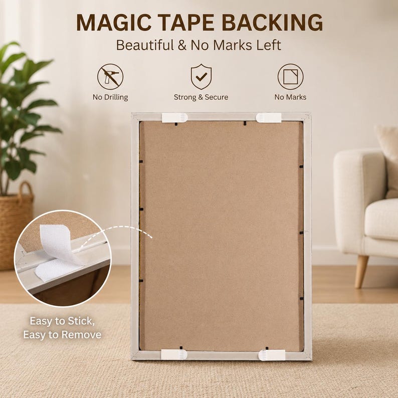 May include: A rectangular picture frame with a light gray border and a brown backing. The frame features "MAGIC TAPE BACKING" with the text "Beautiful & No Marks Left". The image also shows the text "Easy to Stick, Easy to Remove".