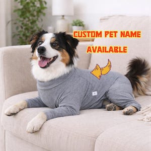 May include: A happy dog wearing a gray, long-sleeved jumpsuit with a yellow graphic. The text "CUSTOM PET NAME AVAILABLE" is displayed in orange. The dog is lying on a beige sofa.