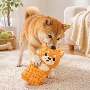 以下が含まれることがあります： オレンジ色の犬のぬいぐるみで遊ぶ柴犬。 ぬいぐるみは、笑顔の顔と白いアクセントを持つ漫画の犬の形をしています。 犬は明るい色のカーペットの上に立っています。