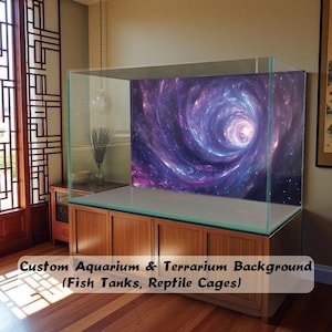 May include: A rectangular glass aquarium tank featuring a custom background with a vibrant purple and blue cosmic nebula swirl pattern. The tank sits on a wooden cabinet. The text Custom Aquarium & Terrarium Background (Fish Tanks, Reptile Cages) is visible.