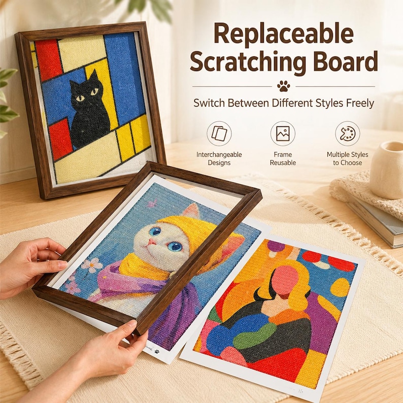 May include: Wooden framed scratch art boards with interchangeable designs. One board features a black cat in a colorful geometric design. Another shows a cat wearing a hat and scarf. The text reads "Replaceable Scratching Board".