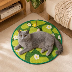 Floral Sisal Cat Scratching Mat, Round Cat Scratch Rug with Hanging Bell Ball, Durable Cat Play Mat, Kitty Activity Toy, Cat Lover Gift