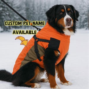 Puede incluir: Un perro de montaña bernés con un abrigo naranja y negro con arnés. El abrigo tiene un panel negro y una sección marrón. El texto en la imagen dice "CUSTOM PET NAME AVAILABLE". El perro está sentado en la nieve.