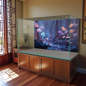 Moonlit Fantasy Mushroom Pond Aquarium Background Sticker – Waterproof Vinyl Poster – Fish Tank Decoration – Multiple Sizes