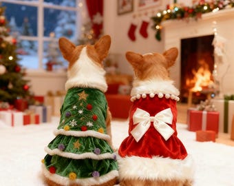May include: Two corgi dogs wearing Christmas outfits. One dog is in a green dress with a Christmas tree design, and the other is in a red dress with a white bow. The dogs are sitting on a white rug in front of a fireplace.