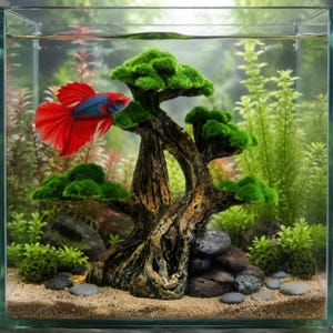 May include: A vibrant red and blue betta fish swims in a glass aquarium containing a brown resin bonsai tree ornament with green moss-like foliage, surrounded by aquatic plants, dark grey stones, and a light tan sand substrate base.
