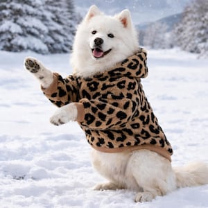 Pode incluir: Um cão samoyed branco e fofo vestindo uma jaqueta com capuz com estampa de leopardo marrom e preto, em pé na neve. O cão está sorrindo com a língua de fora, em um fundo de floresta nevada.