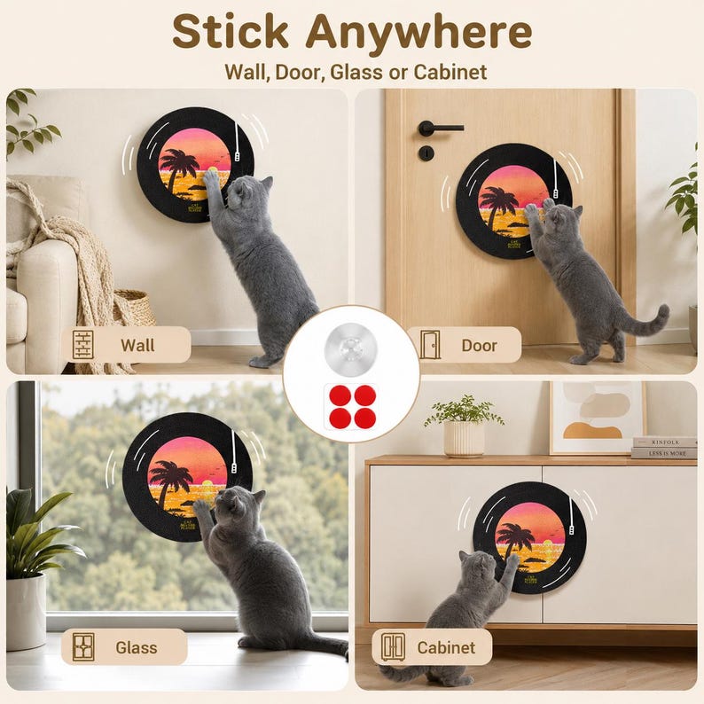 Pode incluir: Um arranhador preto para gatos com um design de p&ocirc;r do sol e palmeira &eacute; mostrado preso a uma parede, porta, vidro e arm&aacute;rio. O texto "Stick Anywhere" e "Wall, Door, Glass or Cabinet" s&atilde;o exibidos na parte superior da imagem.