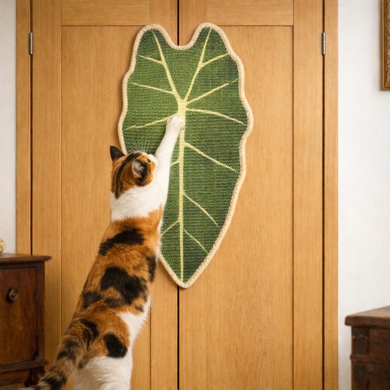 May include: A green leaf-shaped cat scratcher with a cream-colored border is mounted on a wooden door. A calico cat with orange, black, and white fur is reaching up to scratch the leaf-shaped mat.
