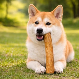 May include: A Shiba Inu dog with a red and white coat, lying on green grass, holding a wooden chew toy in its mouth. The dog is looking directly at the camera with an open mouth. The background is blurred with green trees.