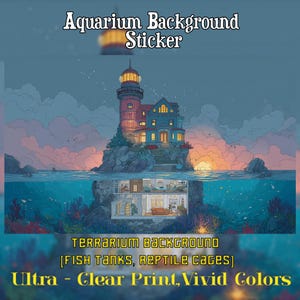 May include: Aquarium background sticker featuring a detailed illustration of a lighthouse and house on a rocky island, with an underwater view of the interior. The text reads "Aquarium Background Sticker" and "Terrarium Background".