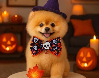 Halloween Pet Bow Tie Collar, Cute Pumpkin & Skull Dog Cat Accessory, Adjustable Halloween Collar with Bell for Small Pets