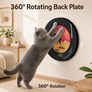Pode incluir: Um gato cinzento interage com um arranhador redondo preto montado numa parede. O arranhador tem um design colorido de p&ocirc;r do sol no centro. O texto na parede diz "360&deg; Rotating Back Plate" e "360&deg; Rotation".