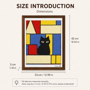 May include: Framed artwork featuring a black cat silhouette against a geometric background of red, yellow, and blue. The artwork is 16.54 inches tall and 12.99 inches wide, with a frame depth of 1.18 inches. The text "SIZE INTRODUCTION" is at the top.