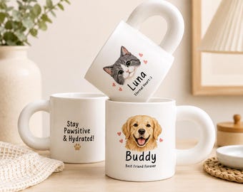Custom Pet Photo Mug, Personalized Chubby Ceramic Mug, Cat Dog Portrait Cup, Birthday Memorial Gift, Pet Lover Gift, Custom Name Mug