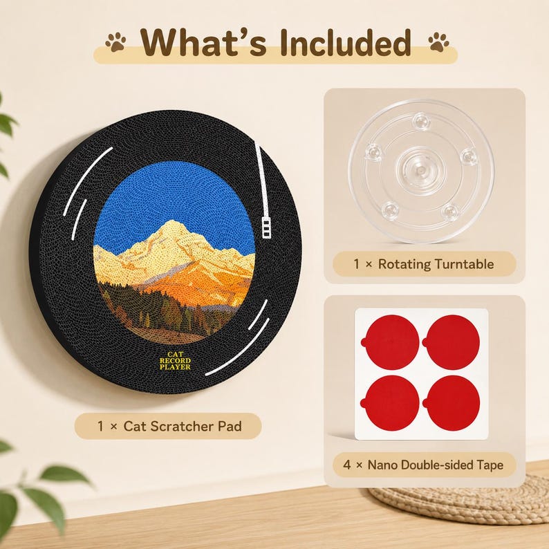 Pode incluir: Um arranhador para gatos em forma de disco, com uma cena de montanha no centro. A imagem tamb&eacute;m mostra uma plataforma girat&oacute;ria e fita adesiva dupla face nano. O texto diz "What's Included" e "Cat Record Player".
