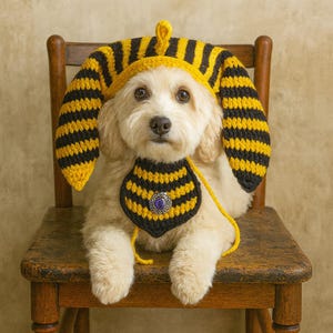 Puede incluir: Un perro pequeño y de color claro con un disfraz de abeja hecho a mano con ganchillo. El disfraz incluye un sombrero a rayas amarillas y negras con orejeras largas y un babero a juego con un botón decorativo. El perro está sentado en una silla de madera.