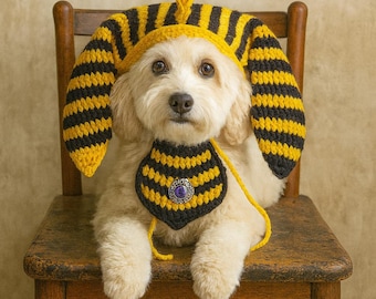 Egyptian Pharaoh Pet Costume – Handmade Knit Cat Dog Hat & Collar Set, Funny Halloween Outfit for Cats and Small Dogs