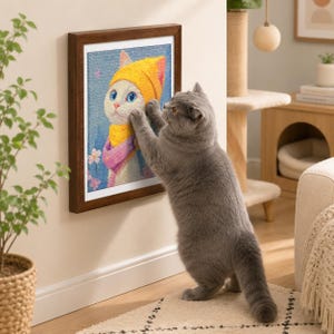 以下が含まれることがあります： 黄色い帽子とスカーフを身に着けた猫が描かれた額入りのアートワーク。灰色の猫が後ろ足で立ち、額入りの写真に手を伸ばしています。アートワークは茶色のフレームに入っており、ベージュの壁に取り付けられています。