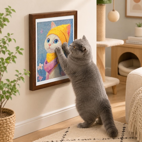 Framed Sisal Cat Scratcher Wall Art, Replaceable Cat Scratch Board, No Drill Wall Cat Toy, Decorative Kitty Claw Mat, Cat Gift