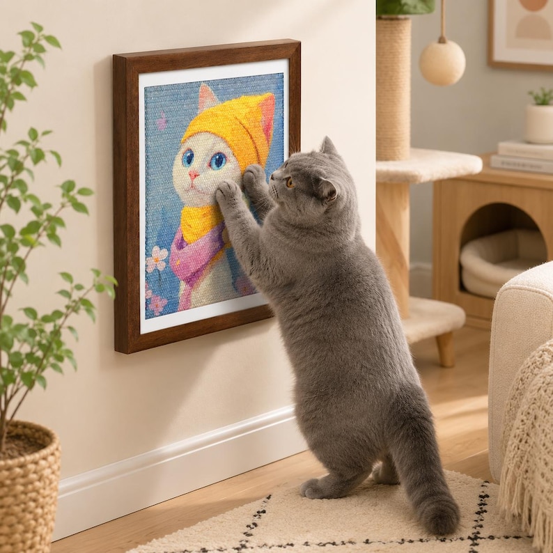 May include: A framed artwork depicts a cat wearing a yellow hat and scarf. A gray cat stands on its hind legs, reaching towards the framed picture. The artwork is in a brown frame, mounted on a beige wall.