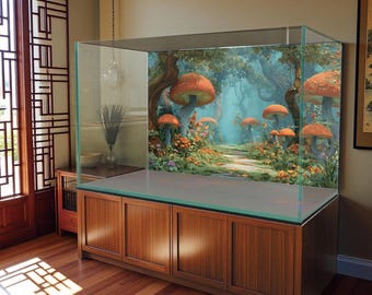 Achtergrondsticker Enchanted Daytime Mushroom Forest Aquarium – waterdichte vinylposter – aquariumdecoratie – meerdere maten