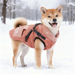 Könnte beinhalten: Ein Shiba Inu-Hund trägt einen gesteppten, lachsfarbenen Wintermantel mit schwarzen Riemen und Schnallen. Der Hund steht im Schnee, mit einem verschneiten Wald im Hintergrund. Der Mantel hat einen hellrosa Kragen und ein kleines Etikett.
