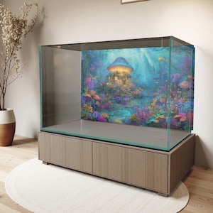 Enchanted Underwater Mushroom House Aquarium Background Sticker – Waterproof Vinyl Poster – Fish Tank Decoration – Multiple Sizes