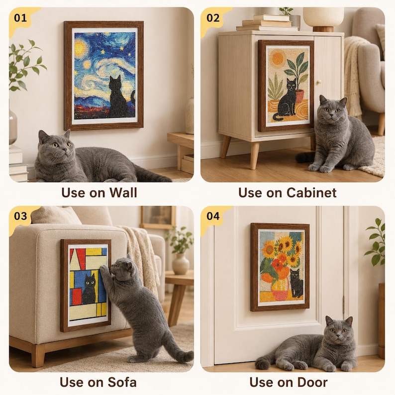 May include: Four images showcasing framed art with cat themes. The art pieces are displayed on a wall, cabinet, sofa, and door. Each frame has a brown border. A gray cat is present in each image, interacting with or near the artwork.