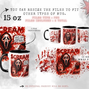 Peut inclure: Mugs blancs de 425 ml avec intérieur et anse noirs, présentant un motif du film "Scream". Le motif comprend le masque de Scream, une femme hurlante et le texte "What's your favorite scary movie?" et "RRRING".