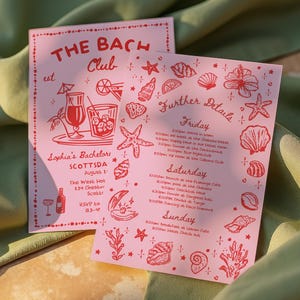 May include: Two pink event cards with red text and illustrations, including cocktails, seashells, and starfish. The cards read "The Bach Club" and "Further Details," with event information.