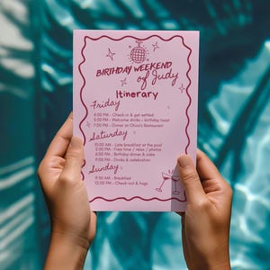 Itinerary Template Canva for Birthday Weekend - Weekend Itinerary - Bachelorette Trip Schedule - Pink & Red Invite