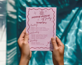 Itinerary Template Canva for Birthday Weekend - Weekend Itinerary - Bachelorette Trip Schedule - Pink & Red Invite