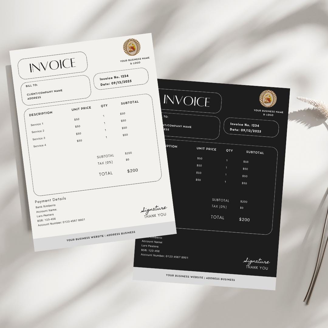 Invoice Template for Small Business - Black & White - Editable PDF ...