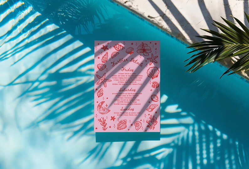 May include: A pink rectangular card with the words "Further Details" and event information, surrounded by red seashell and starfish illustrations. The card is set against a blue water background with palm frond shadows.
