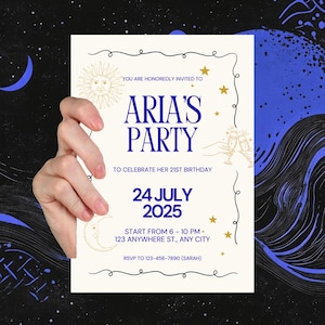 Sun & Moon Party Invite | Celestial Birthday Invitation Template Editable Canva Design | Celestial Gold or Blue Printable Invitation