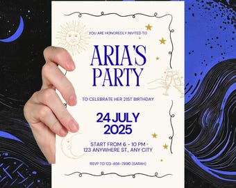 Sun & Moon Party Invite | Celestial Birthday Invitation Template Editable Canva Design | Celestial Gold or Blue Printable Invitation