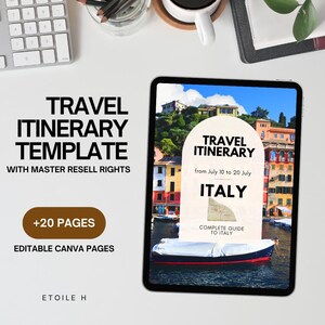 May include: A digital tablet displaying a travel itinerary template for Italy. The screen shows a boat on the water with colorful buildings in the background. Text on the screen reads "Travel Itinerary" and "Complete Guide to Italy."