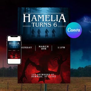 May include: A digital invitation with the text "HAMELIA TURNS 6" against a forest backdrop. The design includes silhouettes of cyclists and a monster illustration, with event details: Sunday, March 8th, 11 PM, and an address.
