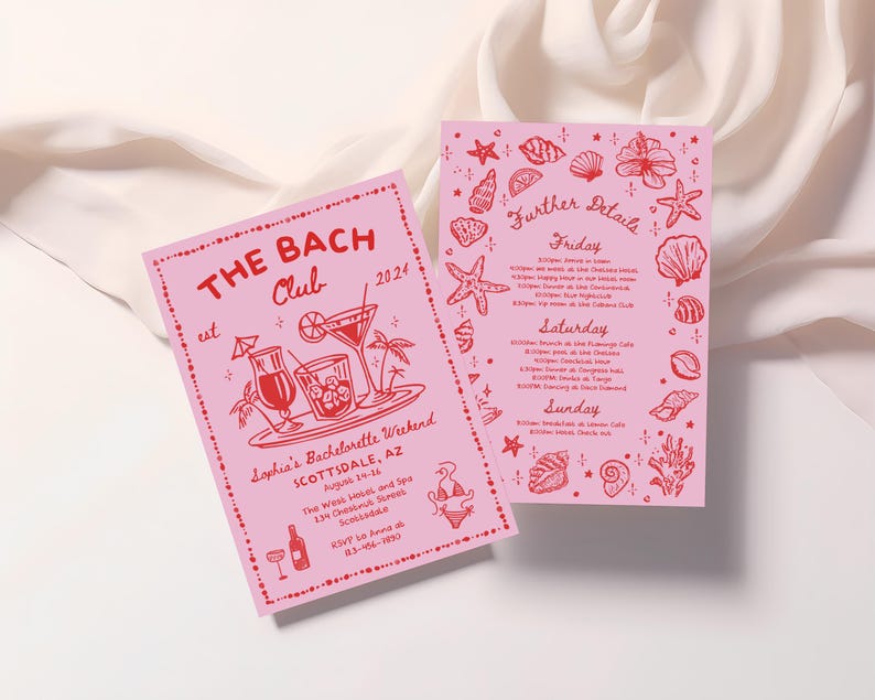 May include: Two pink bachelorette party invitations. The first features the text "THE BACH Club" and event details. The second invitation has the words "Further Details" and a list of activities. Both have red illustrations.