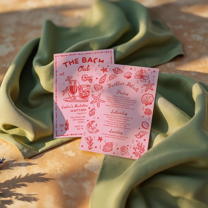 May include: Two pink event cards with red text and illustrations, including cocktails, seashells, and starfish. The cards read "The Bach Club" and "Further Details," with event information.