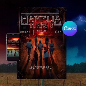 May include: A party invitation with the text "HAMELIA TURNS 6" in a stylized font. The invitation features an image of a group of people walking down a wooden walkway. The date and time are also included: Sunday, March 8th, 11 PM.