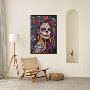 Day of the Dead Framed Canvas Home Decor Sugar Skull Wall Art Print Gothic Mexican Dia de los Muertos V3 Matte Canvas