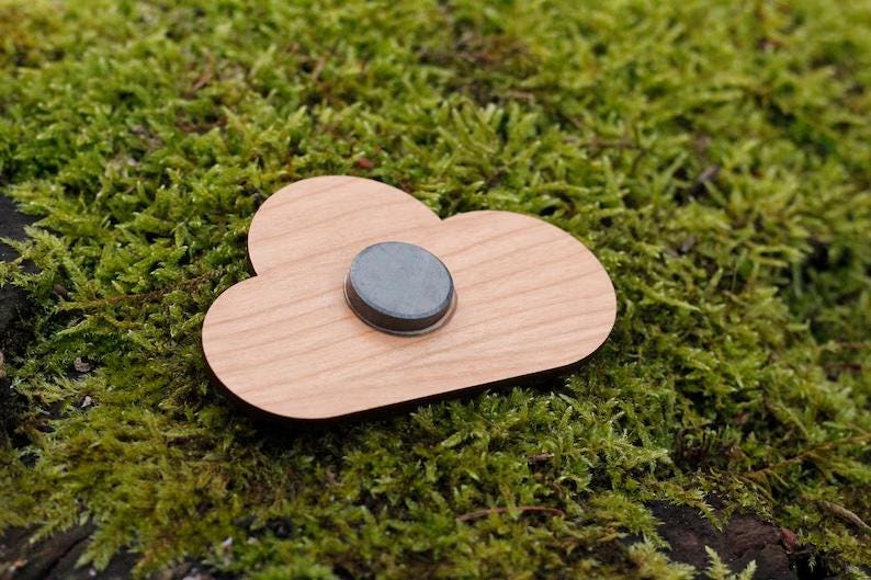May include: A wooden cloud-shaped magnet with a dark gray circular magnet in the center. The magnet is light brown and sits on a bed of green moss.